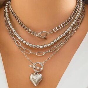 Chunky Layered Necklace Set  Paperclip Chain, Beaded Ball & Heart Pendant